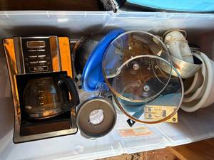 lot 1284 image: Tote of Kitchen Items-- Pots, Pans & Miscellaneous-- S