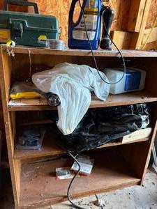 lot 1285 image: Wood Shelf & Contents to include Raid, Gloves, Tackle Box-- S
