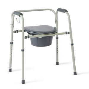 lot 12028 image: Medline Steel 3-in-1 Bedside Toilet Commode with Microban  350lb Weight Capacity  Gray