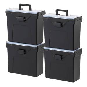 lot 12037 image: IRIS USA Slim Portable LetterLegal File Tote Box, 4 Pack, BPA-Free Plastic Storage Bin with Organizer-Lid, Durable, Secure Lid and Handle, Black