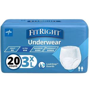 lot 61986 image: FitRight Adult Incontinence Underwear, Heavy Absorbency, 3X-Large, 75-94 Waist (20 Count) 3 packages of 20