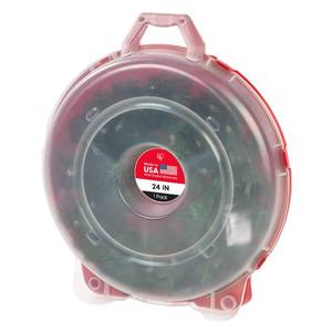 lot 61989 image: IRIS USA 24 Christmas Wreath Storage Container with Latches and Handle, 1-Pack, for GarlandWreath, Christmas Decorations, Heavy Duty, Portable, High Protection, Space Saving Storage, ClearRedDamaged but still locks shut
