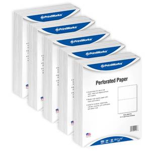 lot 61991 image: PrintWorks Professional Half Sheet Perforated Paper 8.5 x 11 - Perfect For W-2, 1099, & Statement Use - Made in the USA - 2500 Sheets - 24 lb - A5 Paper - Printer Compatible - White (04118C) box more than full