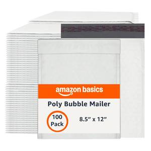 lot 61995 image: Amazon Basics Poly Bubble Mailer, 8.5 x 12 (Internal Size 8.25 x 11), Self-Seal, 100-Pack, WhiteGrey