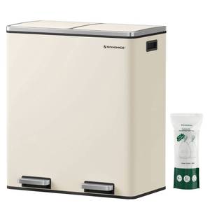 lot 72287 image: SONGMICS Trash Can, 2 x 8 Gallon (2 x 30 L) Garbage Can for Kitchen, with 15 Trash Bags, 2 Compartments, Plastic Inner Buckets and Hinged Lids, Airtight, Almond Color ULTB201A01