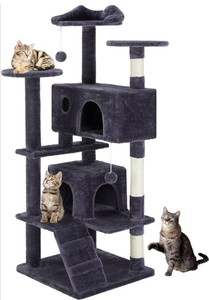 lot 72315 image: Sweetcrispy 54 Inch Cat Tree Tower, Multi-Level Tower with Cat Scratching Post, Indoor Cat Condo with Climbing Ladder, Plush Toy, Play House for Cat, Dark Grey