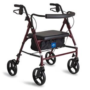 lot 31445 image: Medline Large Steel Bariatric Rollator Walker with Adjustable Handles, Padded Seat & Backrest, Burgundy, 500 lb. Weight Capacity, Foldable with Storage, 8 Wheels, Rolling Walker For Seniors & Adults