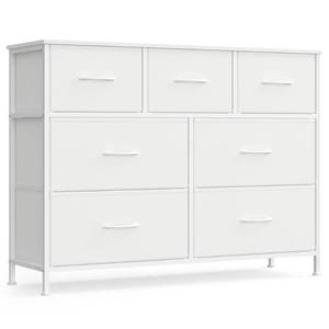 lot 32833 image: SONGMICS Dresser for Bedroom, Chest of Drawers, TV Stand, Steel, MDF, 7 Non-Woven Fabric Drawers, Storage Organizer Unit, Closet, Entryway, Cloud White and Snow White ULGS323W01S