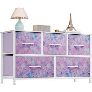lot 32836 image: YITAHOME Wide Storage Tower with 5 Drawers - Fabric Dresser, Organizer Unit for Bedroom, Living Room, Closets - Sturdy Steel Frame, Easy Pull Fabric Bins & Wooden Top