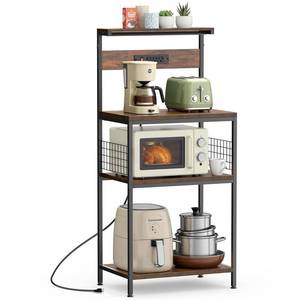 lot 32851 image: Sweetcrispy Kitchen Bakers Rack with Power Outlet, Coffee Bar Table 4 Tiers, Microwave Oven Stand Station, Adjustable Storage Shelf Freestanding Appliance Organizer - 23.6 Inch, Rustic Brown
