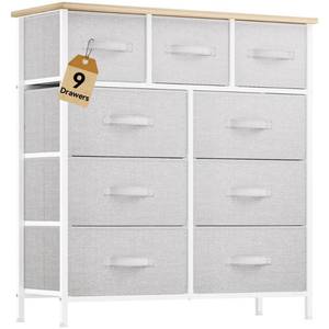 lot 32855 image: DWVO 9 Drawer Dresser, Light Gray Fabric Storage Tower, Tall Organizer Unit for Room, Living Room, Hallway, Closets - Sturdy Steel Frame, Wooden Top & Easy Pull Bins