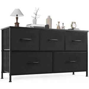 lot 32872 image: OLIXIS Dresser for Bedroom, 5 Storage Fabric Drawers, Metal Frame and Wooden Top, Tall Storage Drawer Dresser for Closet with Easy Pull Handles for Living Room, Entryway, Small Space Black - Retail $0
