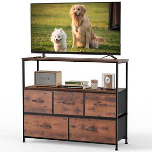 lot 32877 image: DUMOS TV Stand Dresser with 5 Fabric Storage Drawers, Media Console Featuring Open Shelf for 45 inch TV, Compact Entertainment Unit for Bedroom, Living Space, or Dorm Organization, Rust