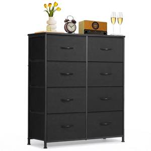 lot 32879 image: 8-Drawer Dresser for Bedroom, Anti-Tip Tall Storage Organizer Chest of Drawers with Wooden Top and Metal Frame Fabric Bins for Closet, Living Room, Hallway, Entryway, Black