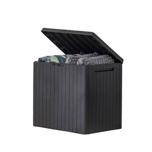 lot 10000 image: Keter City 30 Gallon Resin Outdoor Storage Box & Patio Side Table for Balcony, Pool, Deck & Garden Accessories, Weather Resistant, Dark Grey
