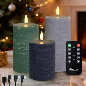 lot 17255 image: LEDHOLYT Rechargeable Flameless LED Pillar Candles��Luminous Real Wax Indoor Home Decor��Set of 3, Realistic Flickering LED Flame,Remote & Timer, USB-Rechargeable��Verdant & Ash Tones�� - Retail $26