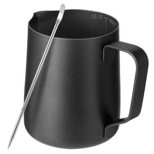 lot 17270 image: Milk Frothing Pitcher,Milk Steaming Frother Cup,Barista Cappuccino Latte Art Milk Jug with Decorating Pen,Stainless Steel Espresso Coffee Bar Accessories Tools (Black, 12oz)