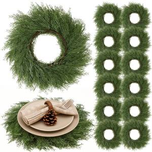 lot 17293 image: Gandeer Christmas Placemats Set of 12 Round Greenery Place Mats Xmas Circular Artificial Wreath Dining Table Decor Winter Fake Plants Branches Mats for Kitchen Accessories (Pine Needles)