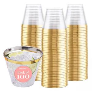 lot 17294 image: Prestee 82Pack 9oz Gold Rimmed Plastic Cups Disposable Wine Glasses for Charcuterie, Weddings, Parties, and Events - Elegant Cocktail and Drinking Cups for Champagne, Martini, and Mocktails - Retail $23