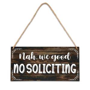 lot 17304 image: Ycyfckdr No Soliciting Wooden Sign, 5x10 Inches, Brown, Rustic, Hanging Sign, House Warming Gift, Set of 1 with Rope -B10 - Retail $10