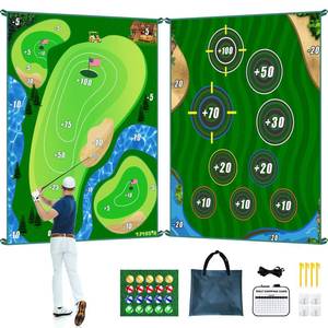 lot 17322 image: TOTOSIN Golf Chipping Game Mat, Double Sided Golf Hitting Mat,6x5 FT Golf Practice Mat Outdoor Indoor Golf Games for Adults,Score Sticky Playing Golf Balls for Home Backyard Garage Game(No Club) - Retail $46