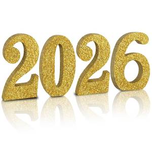 lot 17347 image: TONIFUL 4 Inch 2026 Gold Glitter Table Centerpiece Sign 2026 Number Word Sign,2026 Wooden Numbers Block for New Year Eve,Graduation,Chrismas,Anniversary Party Supplies - Retail $14