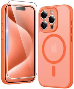 lot 17351 image: FNTCASE for iPhone 15 Pro Case Matte Magnetic Phone Cases with Screen Protector Compatible with Magsafe Slim Anti Yellowing Rugged Shockproof Protective Translucent Cell Phone Cover (C-Orange) - Retail $9
