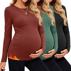 lot 17364 image: JoyMotion 3 Pack Womens Thermal Maternity Shirts Long Sleeve Fleece Pregnancy Layering Top Crew Neck Base Layer Mama Clothes(Brick Red, Emerald, Black,Large) - Retail $37