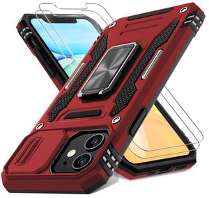 lot 17366 image: DEERLAMN Case for iPhone 11 with Slide Camera CoverScreen Protector(2 Packs),Rotated Ring Kickstand Military Grade Shockproof Protective Cover-Red - Retail $10