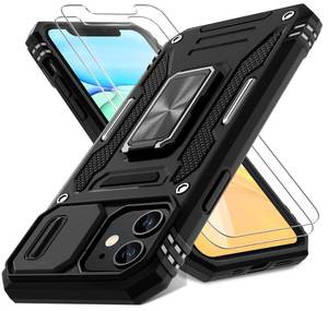 lot 17383 image: DEERLAMN Case for iPhone 11 with Slide Camera CoverScreen Protector(2 Packs),Rotated Ring Kickstand Military Grade Shockproof Protective Cover-Black - Retail $9