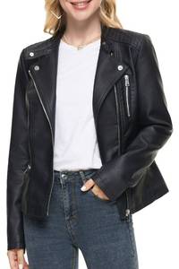 lot 17390 image: Fahsyee Womens Faux Leather Jackets, Black Crop Petite Zip Up Motorcycle Short PU Moto Biker Outwear Stand Collar Fitted Slim Coat, Size S