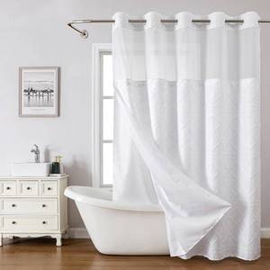 lot 17391 image: eachope White No Hook Shower Curtain and Fabric Liner Set, Boho Tufted Chevron Striped and Shabby Chic Textured Shower Curtain with a See-Through Top Window, Hotel D�cor, 71 W x 77 H - Retail $32