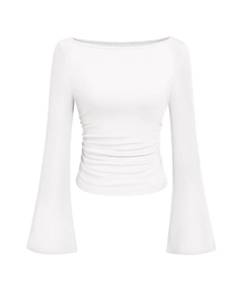 lot 17410 image: PRETTYGARDEN Womens Long Sleeve Shirts 2026 Spring Crop Going Out Tops Casual Boat Neck Bell Sleeve Ribbed Ruched Y2K Clothes (White,Small) - Retail $15