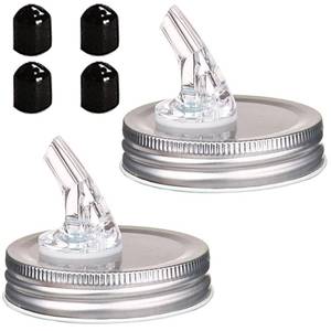 lot 17420 image: Mason Jar Pour Spouts. free flow Mason Jar Pour Spouts, mason jar for spout regular mouth size 70mm dispenser germination cover. Suitable for any liquid. LeakProof 2Pack  4 Black Lid Caps (2 Pack - Retail $10