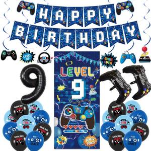 lot 17432 image: Vlipoeasn Blue 9th Birthday Decorations for Boys, Video Game Level 9 Banner Backdrop Hanging Swirls for 9th Birthday Party, Gamer 9 Years Old Party Supplies - Retail $19