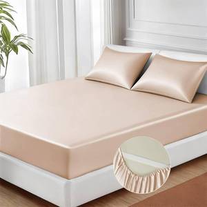 lot 17435 image: MR&HM Satin Fitted Sheet Full Size, Silky Bottom Sheet with Elastic Corner Straps, Deep Pocket up to 15 Inch, No More Slipping Off for Mattress - 1 Fitted Sheet Only (Champagne) - Retail $18