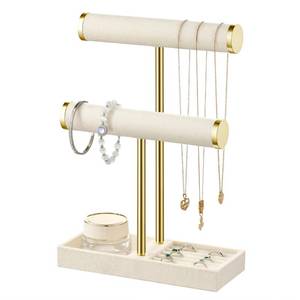 lot 17438 image: bussdis 2 Tier Bracelet Holder Display - Detachable T Bar Beige Velvet Bracelet Holder, Jewelry Holder Organizer for Bracelet, Necklace, Earrings, Rings - Retail $20