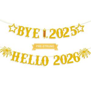 lot 17444 image: Giflloon Bye 2025 Hello 2026 Banner, No DIY Glitter Happy New Year Banner for Happy New Year Decorations 2026 Eve Party Supplies, Gold - Retail $7