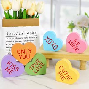 lot 17448 image: DAZONGE Valentines Day Decor - 6PCS Double-sided Wooden Valentines Conversation Hearts for Tiered Tray Shelf Mantel Decor - Freestanding XOXO Kiss Me Valentines Day Decorations - Retail $10