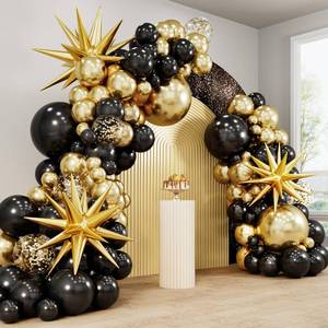 lot 17465 image: RUBFAC 140pcs Black and Gold Balloons, Black Metallic Gold Confetti Star Latex Balloons 5 10 12 18 Inch for 2026 New Year Graduation Birthday Retirement Wedding Anniversary Party Decorations - Retail $10