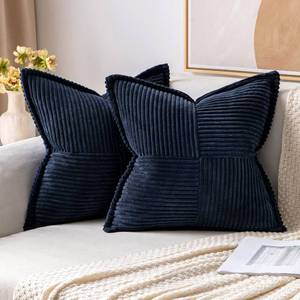 lot 17466 image: MIULEE Decorative Throw Pillow Covers for Couch Bed Livingroom 18x18 Inch Set of 2 Navy Blue Boho Accent Throw Pllows Broadside Striped Patchwork Soft Corduroy Summer Coastal Pillowcases - Retail $15