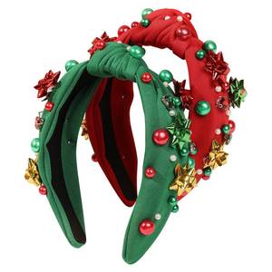 lot 17478 image: Jicsetk Headband & Hairband for Women, Pearl Rhinestone Crystal Flower Embellished - Wide Knotted Top Knot Hair Accessory for Holiday Outfits & Gifts(GreenRed) - Retail $12