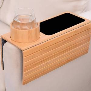 lot 17494 image: BEIYUANYA Bamboo Couch Arm Tray �� Detachable Non-Slip Sofa Cup Holder & Snack Tray, Foldable and Multifunctional for Couch and Recliner - Retail $17
