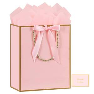 lot 17506 image: JMANNI Pink Gift Bags with Handles, Mothers Day Gift Bags with Tissue Paper, 1PCS Gift Bags with Ribbon and 1 Cards 2 Tissue Paper, for Valentines Day Baby Shower Birthday Party Wedding Mothers Day - Retail $6