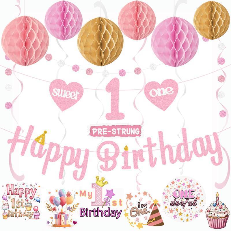 lot 40521 image: Pink First Birthday Decorations for Girl, Pre-Strung Sweet One and Happy Birthday Banner with Honeycomb Balls, Hanging Swirls, Circle Dots Garland for 1st Birthdays Decorations Girl 21pcs - Retail $15