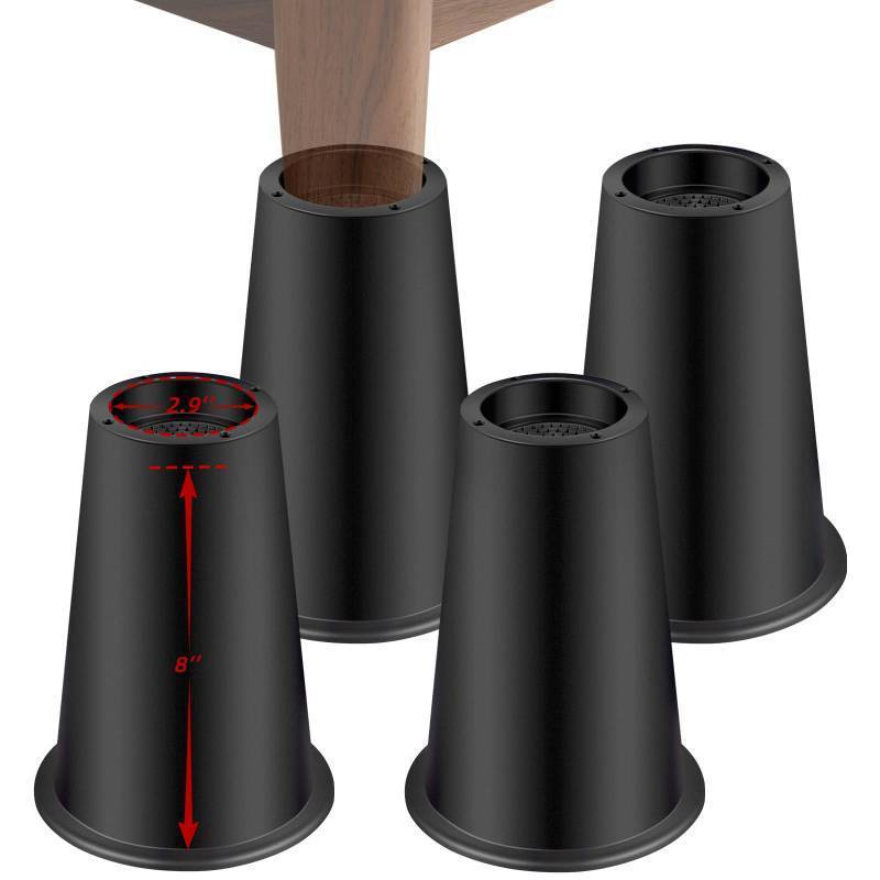lot 49491 image: NKPOPHETE 8 inch Bed Risers Adjustable Furniture Risers - Heavy Duty Non-Slip Lift Supports for BedsCouchesSofas, Durable Square Design with Creates Storage Space (4 Pack Black, 8 inch Round) - Retail $32