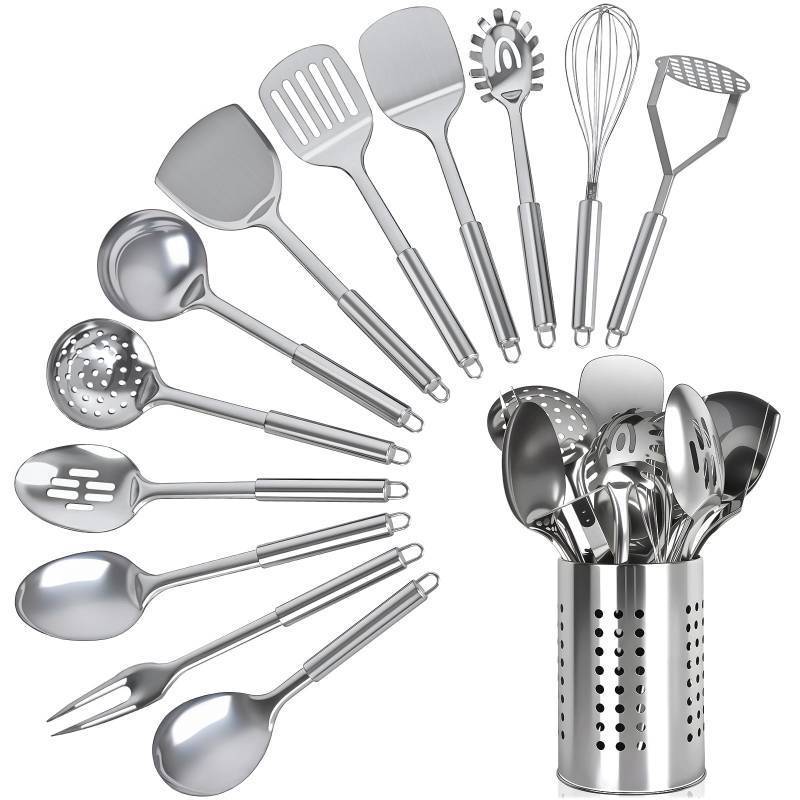lot 49513 image: Stainless Steel Cooking Utensils Set, Heat Resistant Metal Kitchen Tools Include Utensil Holder, Solid & Slotted Spatula, Spoon, Ladle, Pasta Server,Potato Maseher, Egg Whisk, Meat Fork, Silver 11 peices