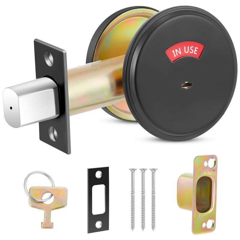 lot 49530 image: Tandefio 1 Pcs Deadbolt with Occupancy Indicator, in UseVacant Occupied Bathroom Lock, 304 Stainless Steel Commercial Door Lock, Fit Door Thickness from 1 38 to 2, Not Adjustable (Black) - Retail $40