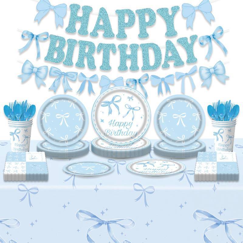 lot 51297 image: 171Pcs Blue Bow Birthday Party Supplies Blue Bow Plates,Banner,Tabelcloth,Cups,Knives,Spoons,Forks,Baby Shower Girls Bow Party Decorations - Retail $23