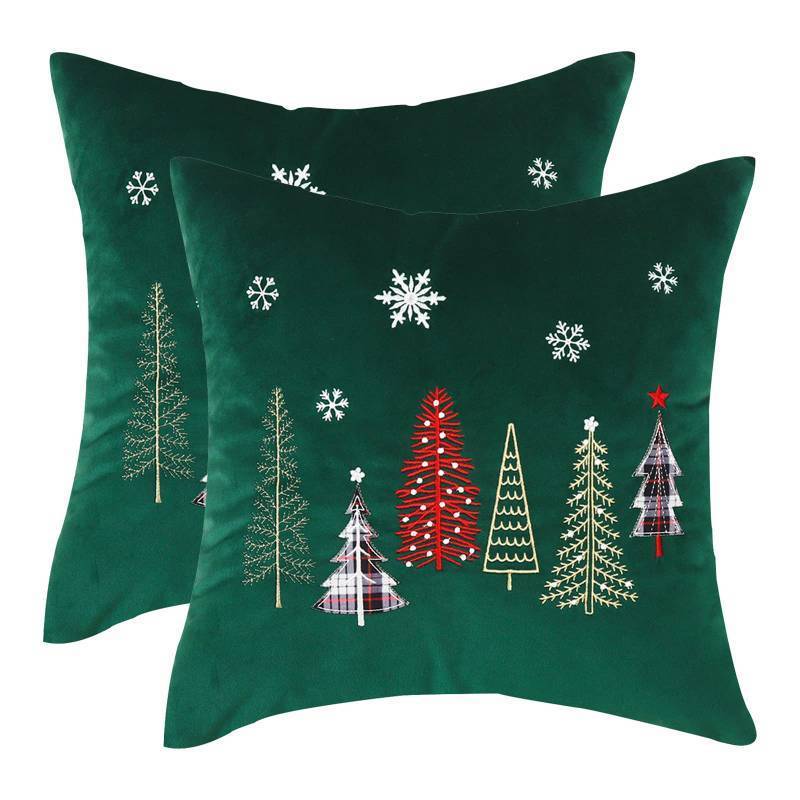 lot 51312 image: Tosleo Christmas Pillow Covers 18x18 Set of 2 Xmas Trees with Snowflake Embroidery Throw Pillow Covers Christmas Dec Velvet Pillowcases Forest Green Cushion Pillow Cases Soft Square Holiday Pillowcase - Retail $16